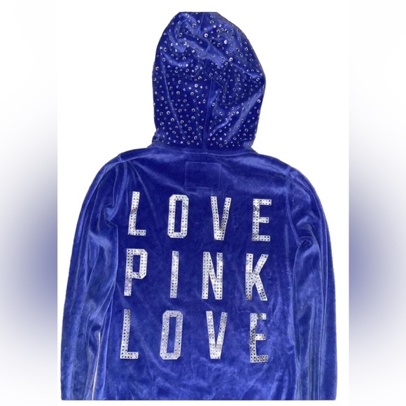 PINK Victoria’s Secret Bling blue sequined velour zip-up size M, Y2K hoodie - Picture 4 of 6